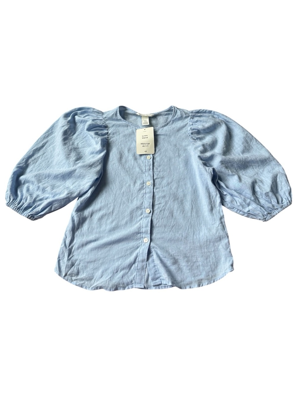 H&M Puff-Sleeve Button-Down Blouse XS Pale Blue Linen Blend